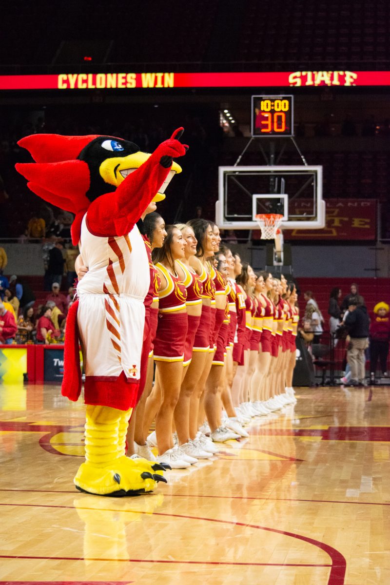 The cheerleading team and Cy dance together after the game vs. Southern University, Hilton Coliseum, Ames, Iowa, Nov. 10, 2024.