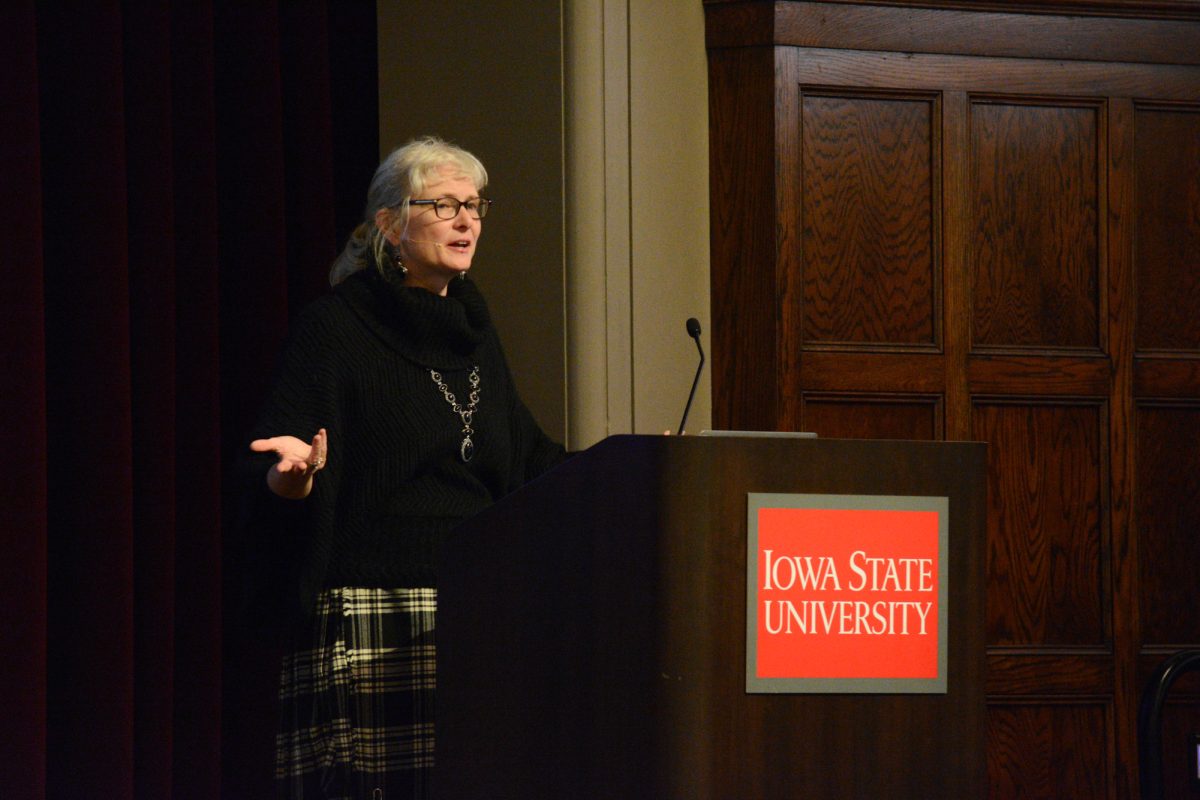 Linda Shenk speaks during her lecture “Climate Change and Collaborative Action: Lessons from Shakespeare’s Theatre”, Iowa State University, Ames, Iowa, Nov. 4, 2024.