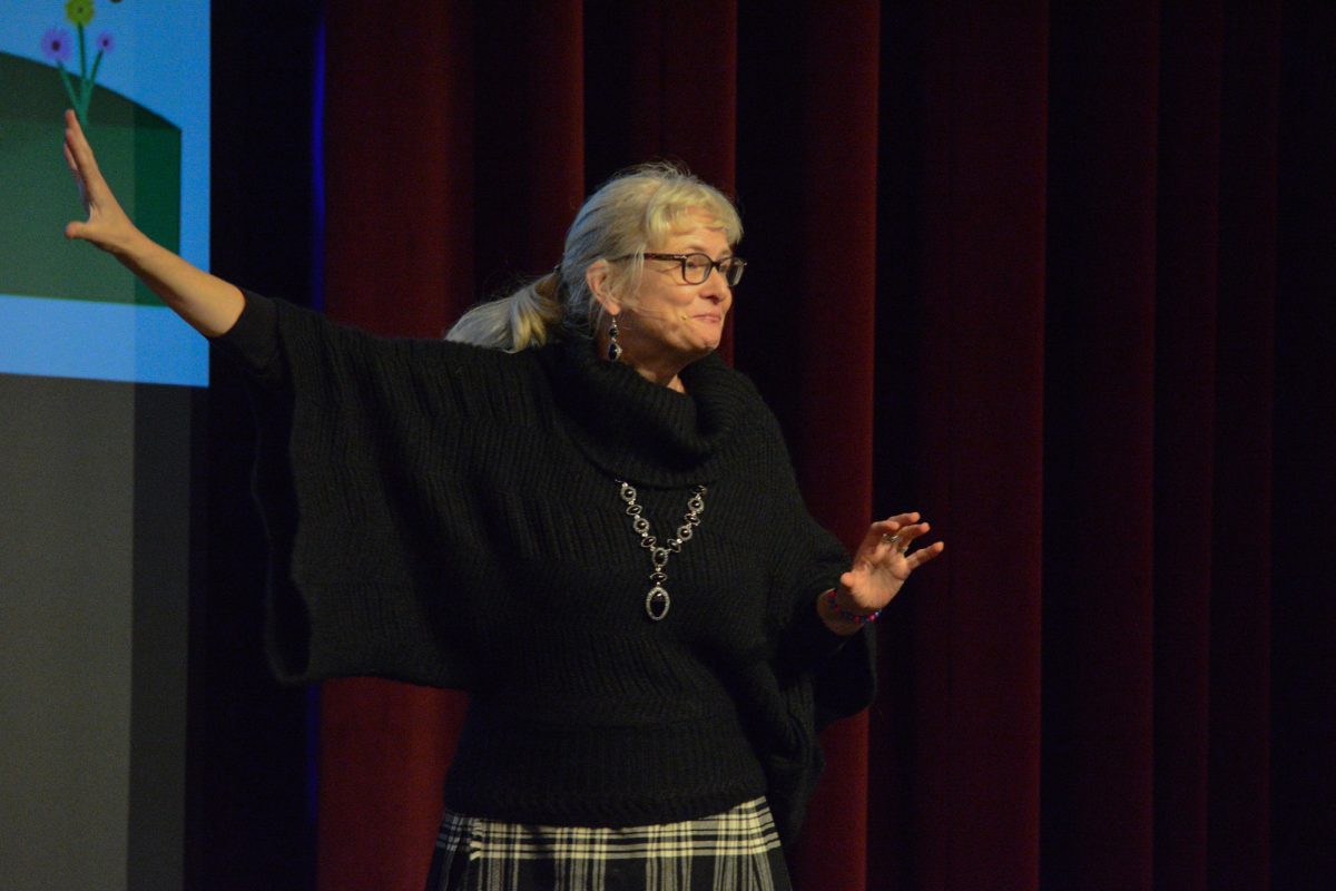 Linda Shenk speaks during her lecture “Climate Change and Collaborative Action: Lessons from Shakespeare’s Theatre”, Iowa State University, Ames, Iowa, Nov. 4, 2024.