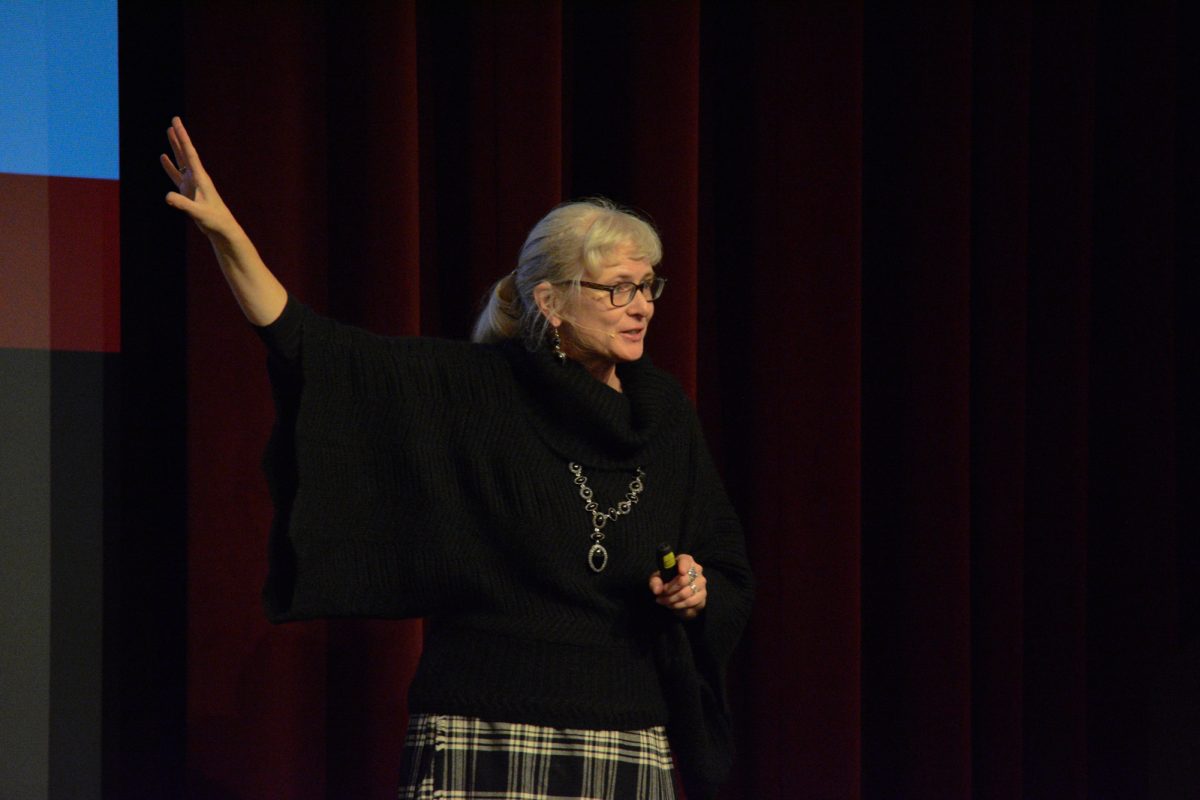 Linda Shenk speaks during her lecture “Climate Change and Collaborative Action: Lessons from Shakespeare’s Theatre”, Iowa State University, Ames, Iowa, Nov. 4, 2024.