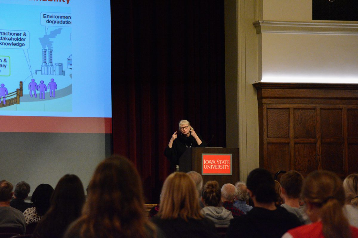 Linda Shenk speaks during her lecture “Climate Change and Collaborative Action: Lessons from Shakespeare’s Theatre”, Iowa State University, Ames, Iowa, Nov. 4, 2024.