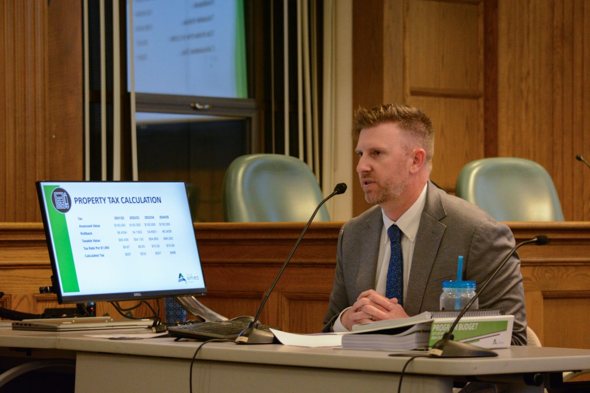 Corey Goodenow discusses property tax in Ames during the Ames Town Budget Meeting, Ames City Hall, Ames, Iowa, Nov. 7, 2024.