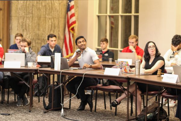 Hemanthsai Peddasani Residence Hall Senator discussing the finance of a bill in the process of being passed during Student Government at the Memorial Union, Nov. 6, 2024. 