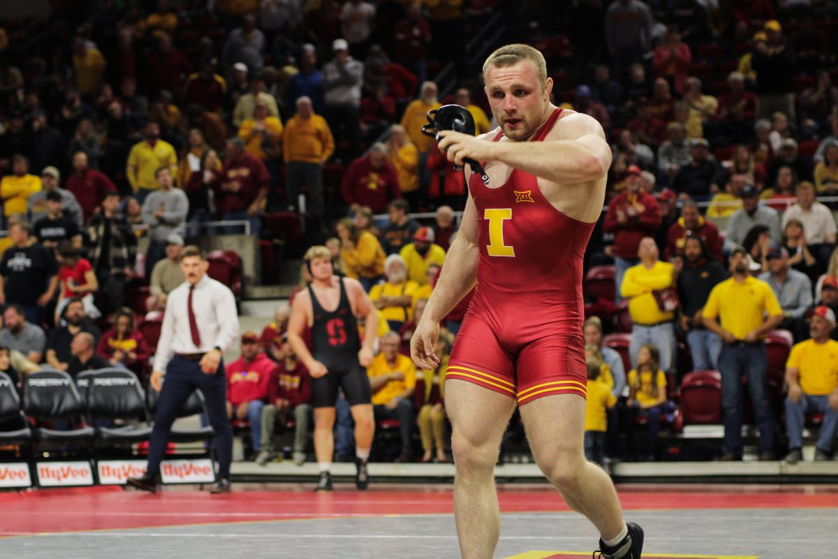 Christian Carroll expressing his feelings after his won match during the Iowa State vs. Stanford University wrestling match at Hilton Coliseum, Ames, Iowa, Nov. 8, 2024.