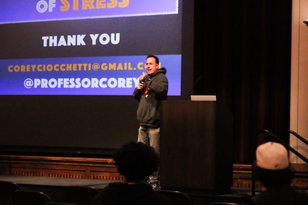 Corey Ciocchetti stress lecture speaker given 20 ways to reduce stress Professor Corey Ciocchetti after his stress lecture, on Nov. 12, 2024, Great Hall Memorial Union. 