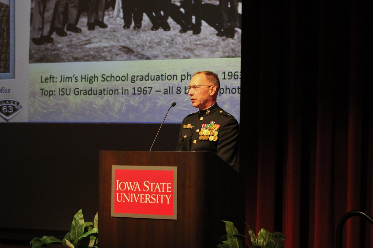 At the Gold Star Hall Ceremony, held in the Durham Great Hall in the Memorial Union, Lt. Col. Daniel P. Divine tells the story and service of Captain James Wayne Herrick Jr., Nov. 13, 2024