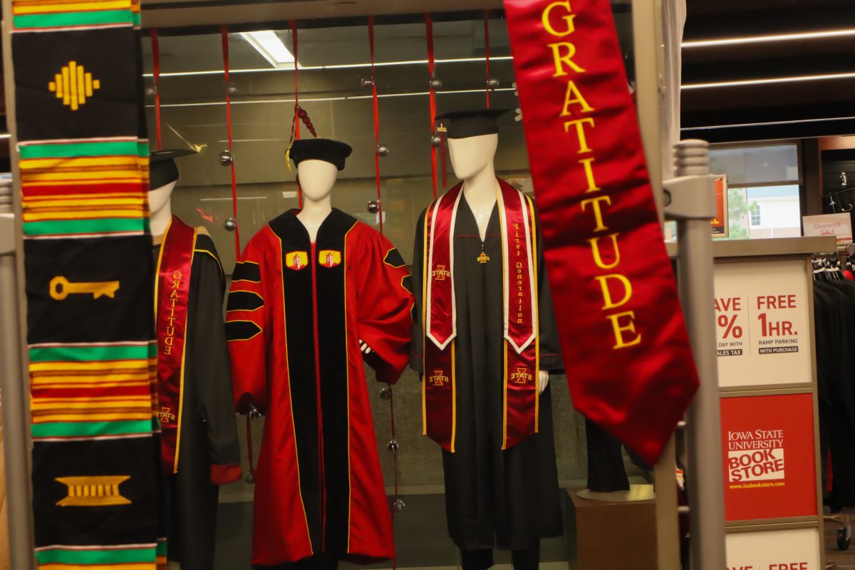 Types of graduation gowns through the eyes of the try on mirror, taken on November 11, 2024 in Ames, Iowa