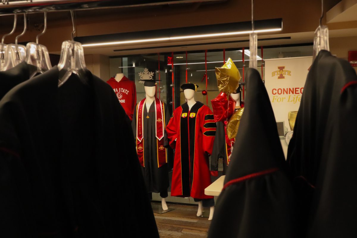 A peep at the display through the graduation gowns for sale, taken on November 11, 2024 in Ames, Iowa