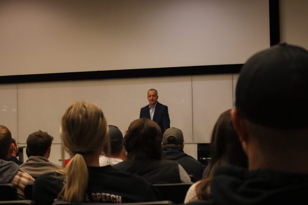 Mike Naig look out into the crowd during the Jim Knuth Lessons in Leadership lecture, taken on November 11, 2024 in Ames, IA