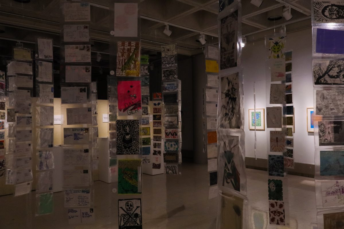 A look inside the postcard exhibit inside gallery 181, taken at the College of Design, Ames, IA, on November 8, 2024