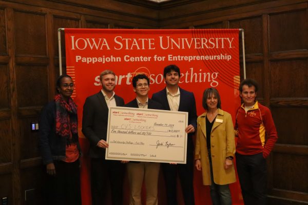 Miguel Bojoquez, Andrew Holtz, and Antonio Reyes-Muñoz take the first place spot and take home $5,000, taken on November 19, 2024 in the Memorial Union, Ames, IA.