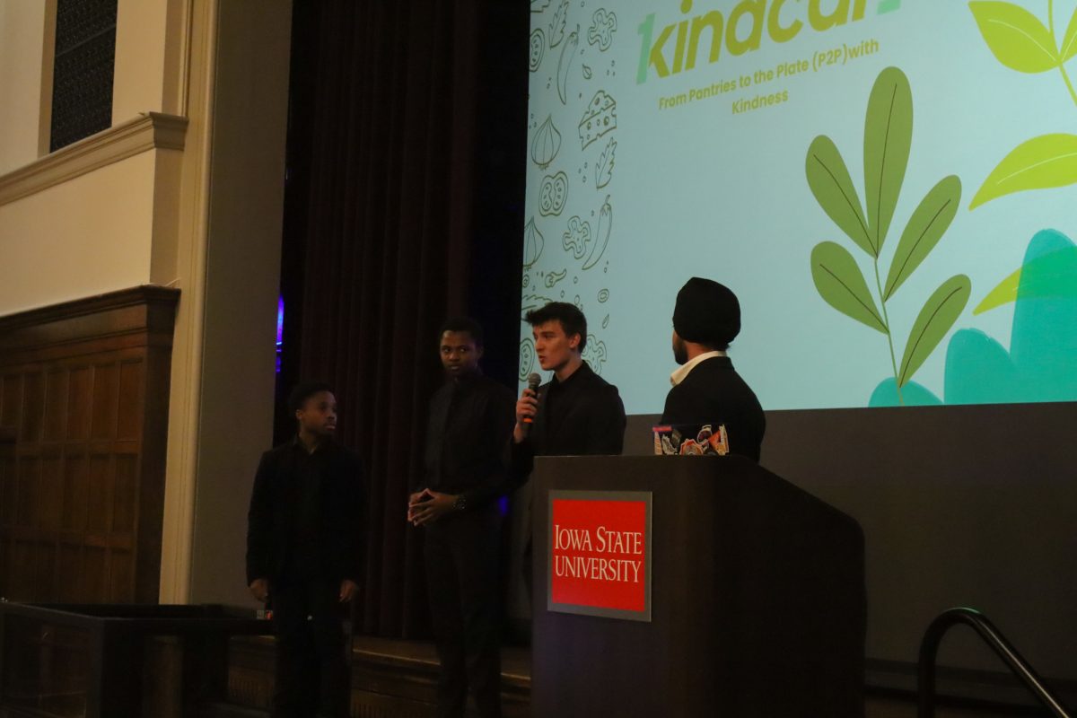 Phila Thabang, Japneet Singh, Liam Willcox, Tadiwg Mbuwayesango intorduce their project for the Food Insecurity Challenge Pitchoff, taken on November 19, 2024 in the Memorial Union, Ames, IA.