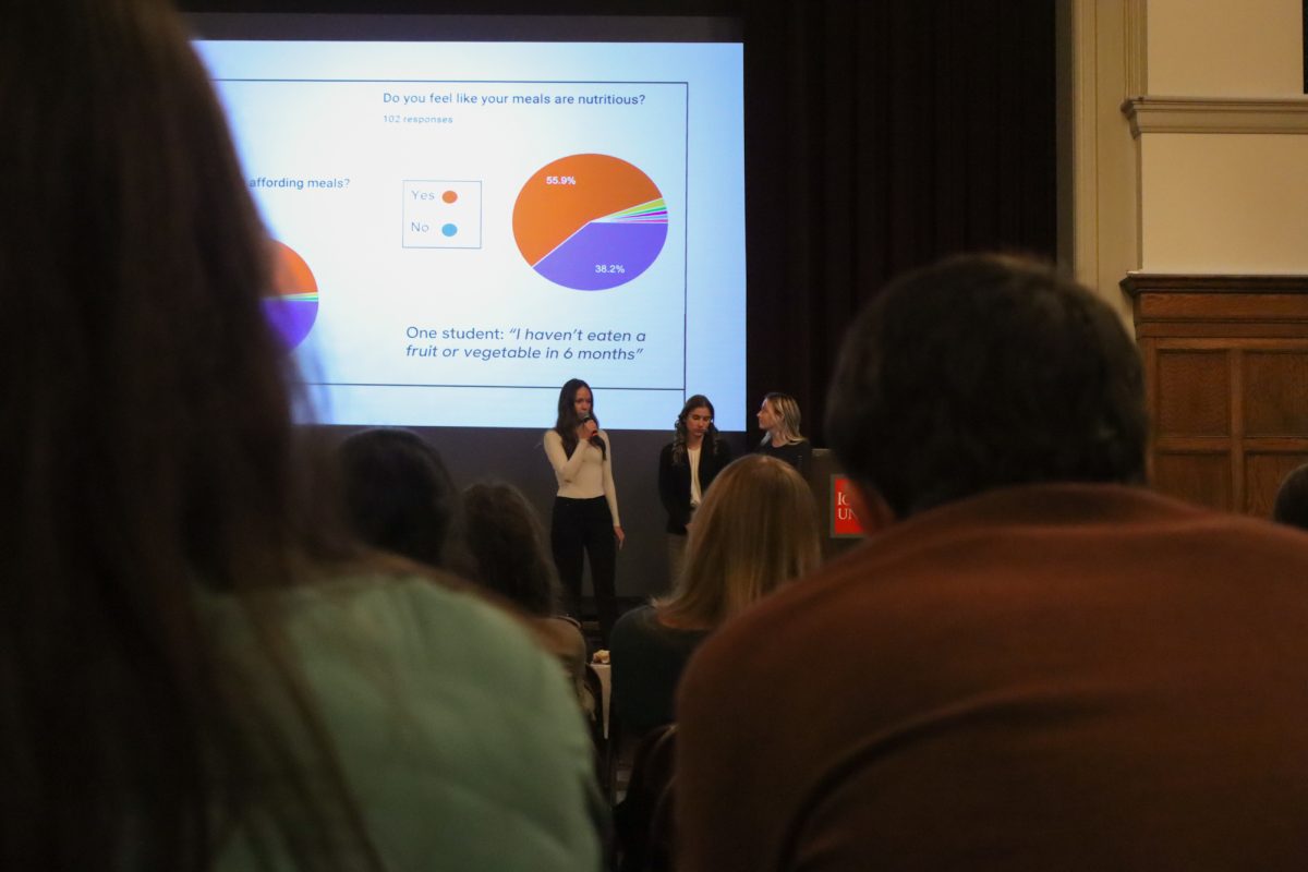 Mallorie Mogler, Ellyse Shipee, Daniella Thuerauf, Grace Watkins-Schoenig mid Food Insecurity Challenge Pitchoff presentation, taken on November 19, 2024 in the Memorial Union, Ames, IA.