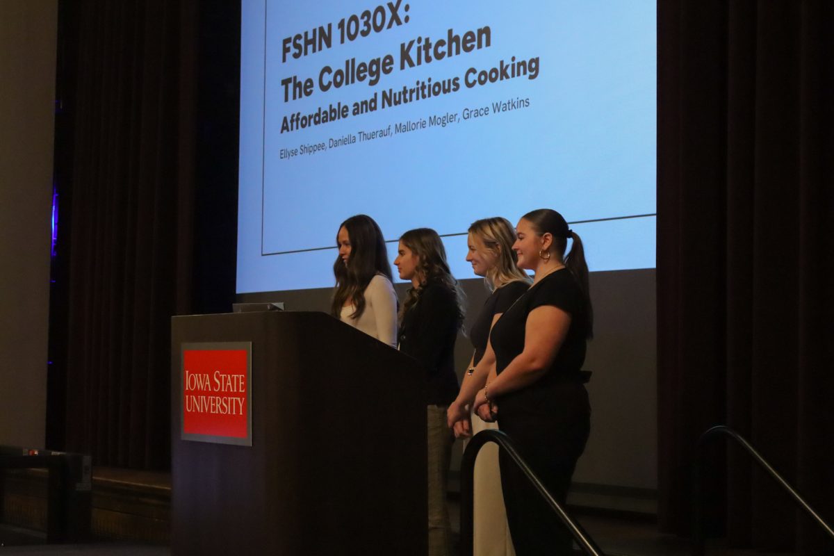 Mallorie Mogler, Ellyse Shipee, Daniella Thuerauf, Grace Watkins-Schoenig introduce their pitch for the Food Insecurity Challenge Pitchoff, taken on November 19, 2024 in the Memorial Union, Ames, IA.