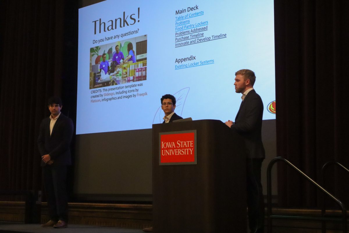 Miguel Bojoquez, Andrew Holtz, and Antonio Reyes-Muñoz take questions from the judges during the Food Insecurity Challenge Pitchoff, taken on November 19, 2024 in the Memorial Union, Ames, IA.