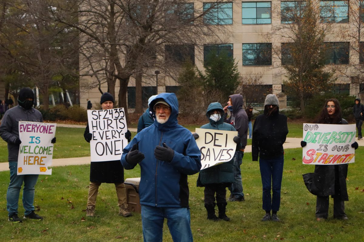 Senator Herman C. Quirmbach expresses his concerns over the the passing of anti-DEI legislation, taken on November 11, 2024 outside Park Library, Ames, IA