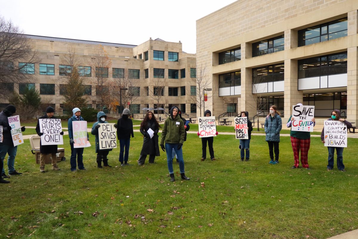 Sylvera Dudenhoefer starts as the first speaker for the anti-DEI legislation protest, taken on November 11, 2024 outside Park Library, Ames, IA