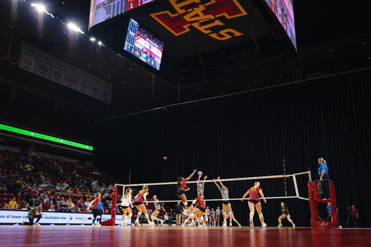 The Iowa State volleyball team during the Iowa State vs. University of Colorado Boulder volleyball game at Hilton Coliseum on Nov. 13, 2024.