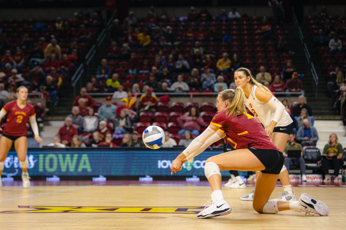 Rachel Van Gorp (10) passes the ball during the Iowa State vs. University of Colorado Boulder volleyball game at Hilton Coliseum on Nov. 13, 2024.