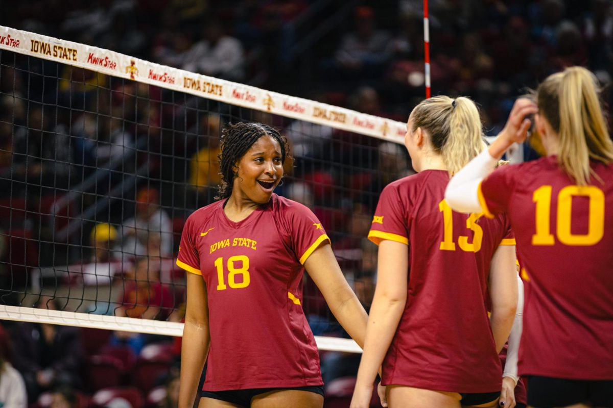 Amiree Hendricks-Walker (18) during the Iowa State vs. University of Colorado Boulder volleyball game at Hilton Coliseum on Nov. 13, 2024.