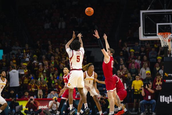 Iowa State Cyclones guard Curtis Jones (5) attempts a 3-pointer during the Indiana University Indianapolis NCAA men's basketball game at Hilton Coliseum on Monday, Nov. 18, 2024, in Ames, Iowa.