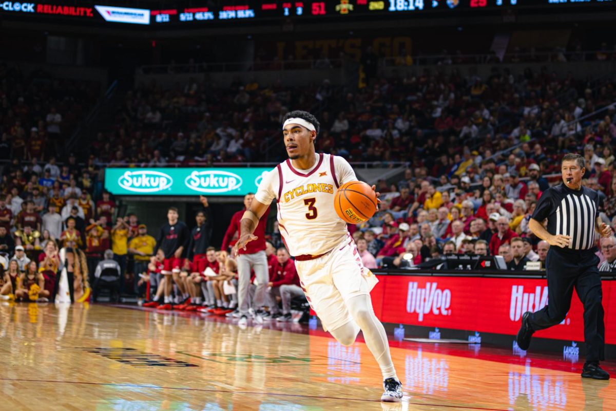 Iowa State Cyclones guard Tamin Lipsey (3) drives to the basket against Indiana University Indianapolis during the NCAA men's basketball at Hilton Coliseum on Monday, Nov. 18, 2024, in Ames, Iowa.