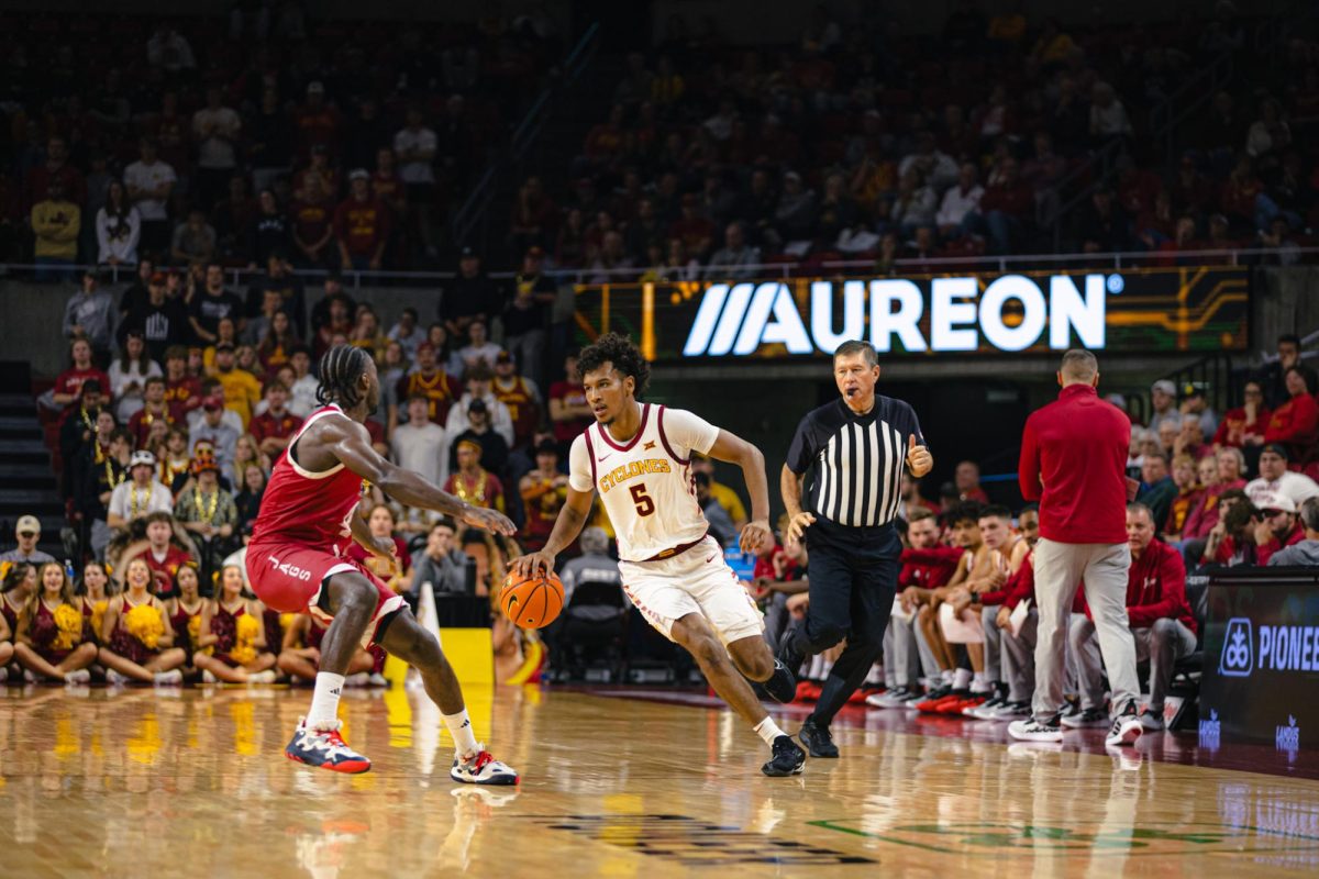 Iowa State Cyclones guard Curtis Jones (5) looks for an opening on the court against Indiana University Indianapolis during the NCAA men's basketball at Hilton Coliseum on Monday, Nov. 18, 2024, in Ames, Iowa.