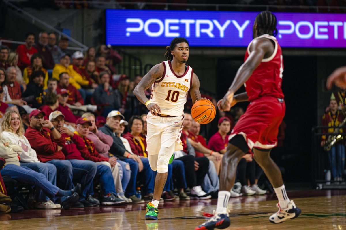 Iowa State Cyclones guard Keshon Gilbert (10) looks for an opening on the court against Indiana University Indianapolis during the NCAA men's basketball at Hilton Coliseum on Monday, Nov. 18, 2024, in Ames, Iowa.