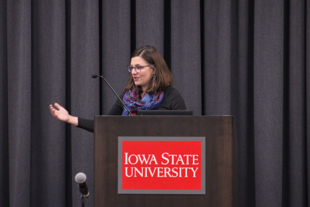 Ryanne Pilgeram speaking at the Extractive Industry lecture in the Memorial Union. Nov. 4, 2024.