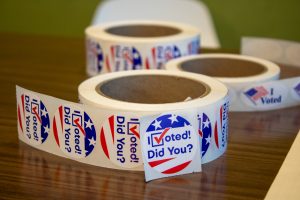 "I Voted" stickers waiting to congratulate Iowa residents on voting, Iowa State Research Park, Nov. 5, 2024.