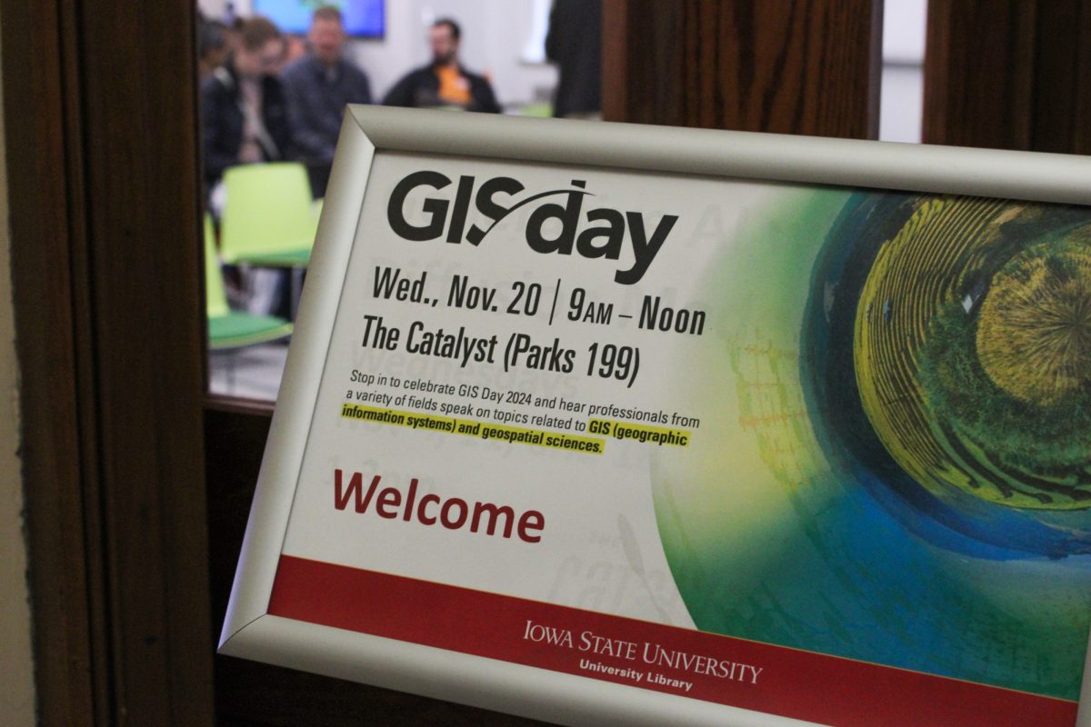 The GIS day sign in front of The Catalyst room in Parks Library, Ames, Iowa. Nov. 20, 2024.