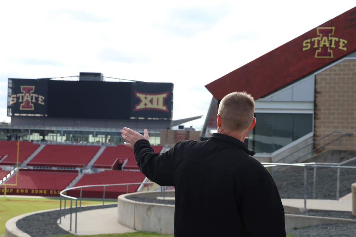 Matt Bennett explains Verizon's investment into new antennas at Jack Trice Stadium, Nov. 19, 2024.