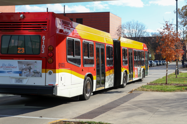 A CyRide bus driving near Howe Hall, Ames, Iowa, Nov. 19, 2024.