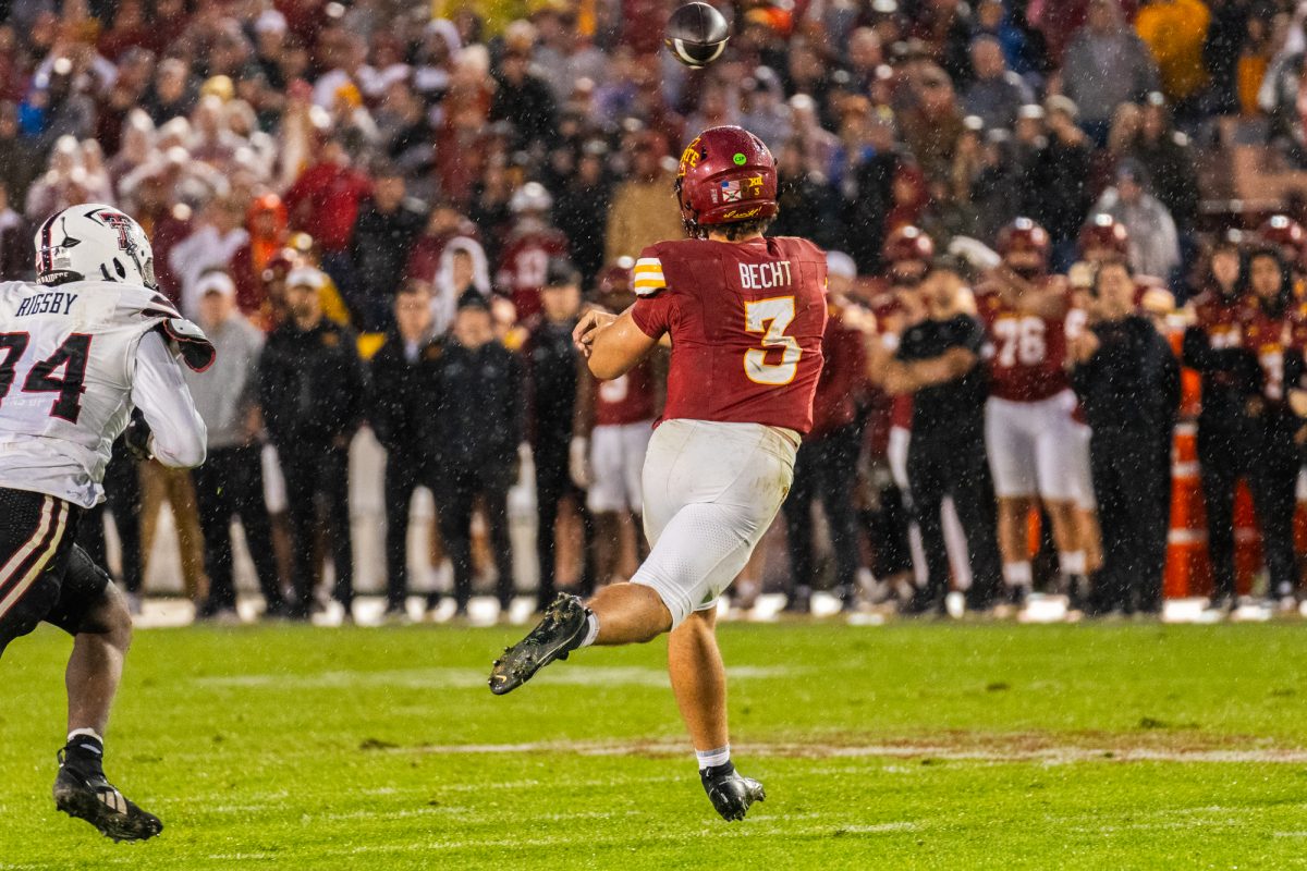 Rocco Becht (3) throws the ball during the Iowa State vs. Texas Tech University football game at Jack Trice Stadium on Nov. 2, 2024.