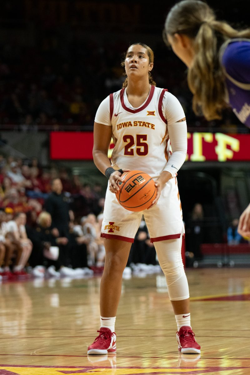 Sydney Harris (25) prepares to shoot a free throw during the game vs. University of St. Thomas, Hilton Coliseum, Ames, Iowa, Nov. 14, 2024.