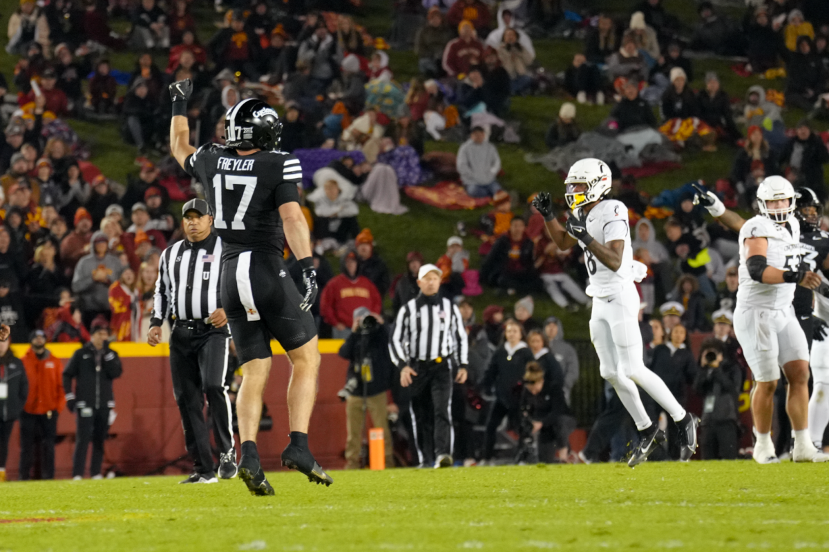 Beau Freyler (17) celebrates a defensive stop, Jack Trice Stadium, Nov. 16, 2024.