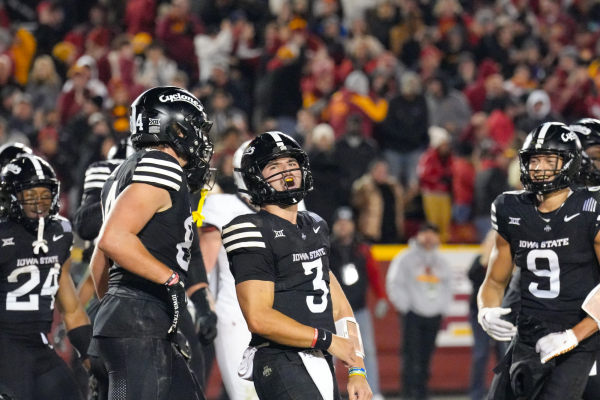 Rocco Becht (3) celebrates a touchdown run against Cincinnati, Jack Trice Stadium, Nov. 16, 2024.