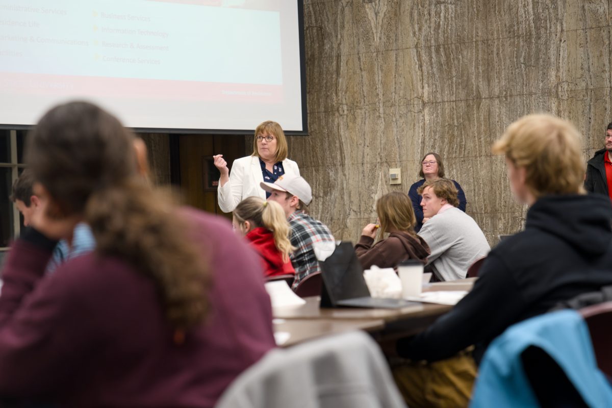 Lynn Jones-Folsom talks about the Department of Residence rate proposals during the IRHA meeting in the Campanile Room in the Memorial Union, Nov. 21, 2024.