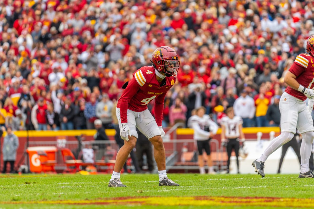 Jeremiah Cooper (4) gets ready for the play during the Iowa State vs. Texas Tech University football game at Jack Trice Stadium on Nov. 2, 2024.