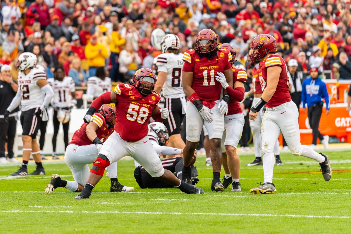 J.R. Singleton (58) celebrates after a tackle during the Iowa State vs. Texas Tech University football game at Jack Trice Stadium on Nov. 2, 2024.