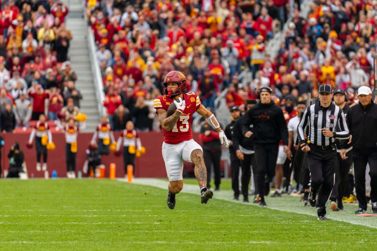 Jaylin Noel (13) runs the ball during the Iowa State vs. Texas Tech University football game at Jack Trice Stadium on Nov. 2, 2024.