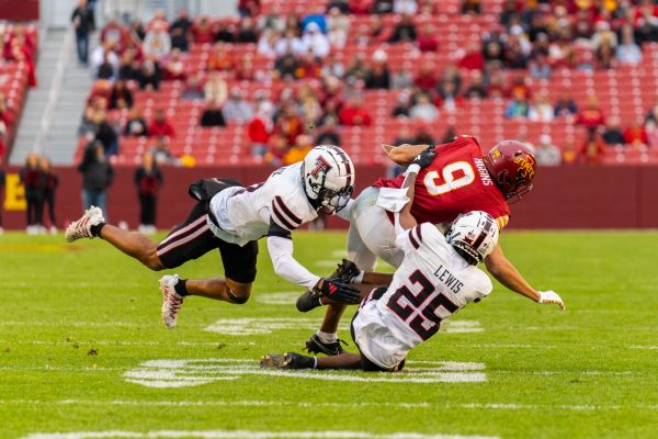 Jayden Higgins (9) gets tackled during the Iowa State vs. Texas Tech University football game at Jack Trice Stadium on Nov. 2, 2024.