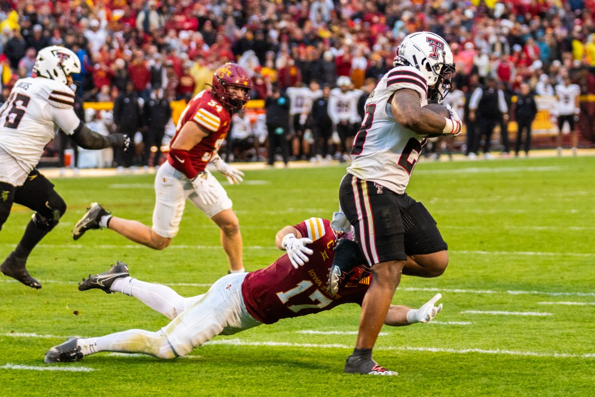 Beau Freyler (17) goes for a tackle during the Iowa State vs. Texas Tech University football game at Jack Trice Stadium on Nov. 2, 2024.