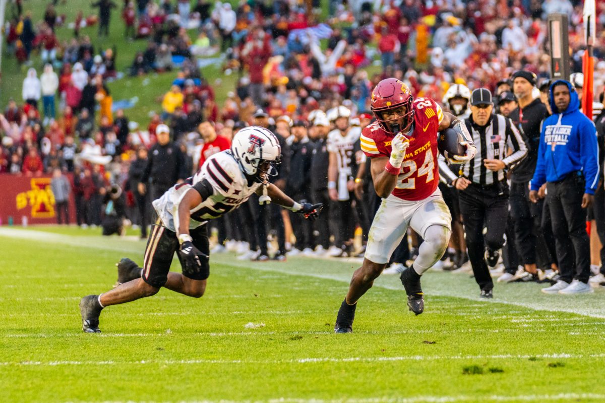 Abu Sama III (24) breaks away from the defense during the Iowa State vs. Texas Tech University football game at Jack Trice Stadium on Nov. 2, 2024.