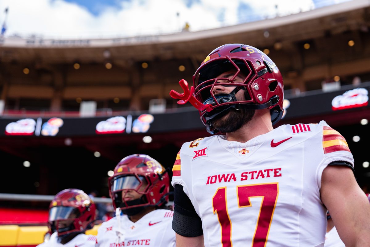 Iowa State DB Beau Freyler (17) walks onto the field for Iowa State's walkout during the Iowa State vs. University of Kansas football match on Nov. 9, 2024, GEHA Field at Arrowhead Stadium.