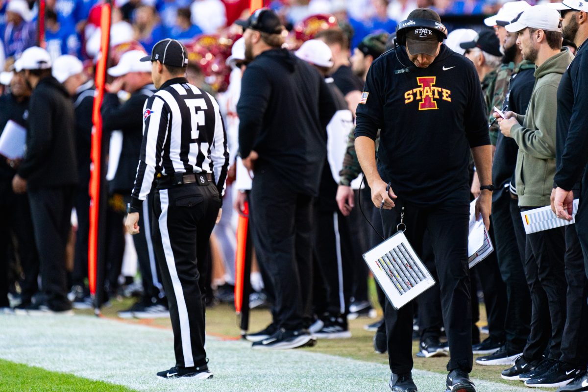 Iowa State head coach Matt Campbell drops his head after quarterback Rocco Becht (3) gets sacked during the University of Kansas vs. Iowa State football match on Nov. 9, 2024, GEHA Field at Arrowhead Stadium.