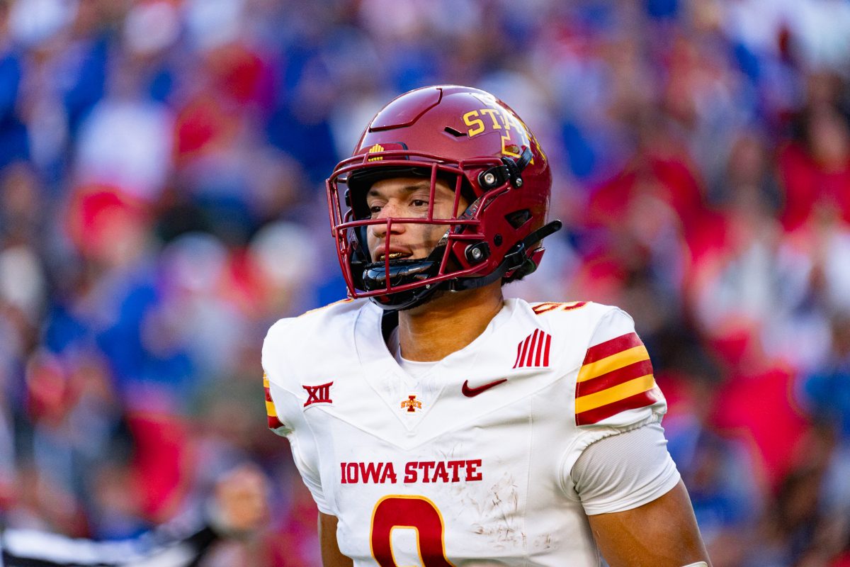 Iowa State WR Jayden Higgins (9) during the Iowa State vs. University of Kansas football game, Nov. 9, 2024, GEHA Field at Arrowhead Stadium.