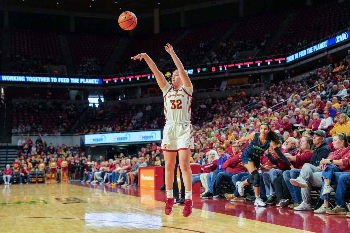 Iowa State Aili Tanke (32) steps up to the paint for one of four three-pointer shots she attempted during the home opener game, Hilton Coliseum, Nov. 4, 2024.