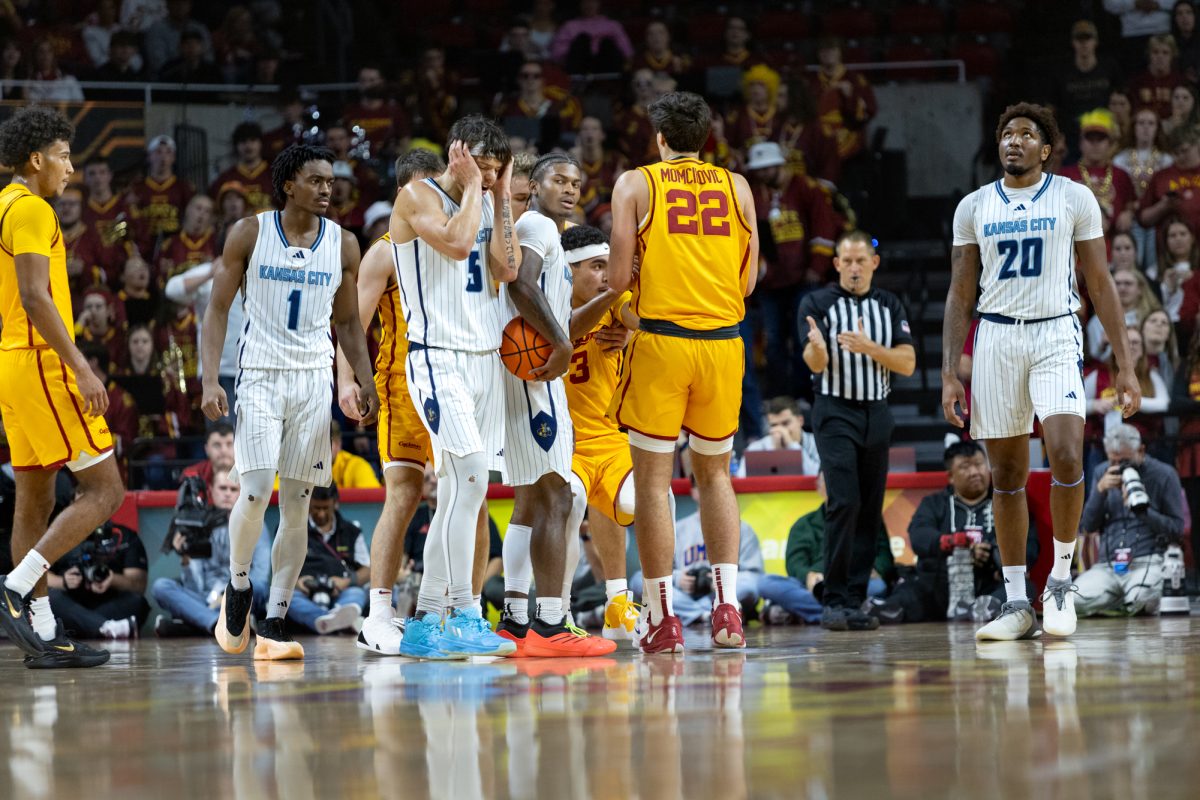 Jamar Brown (5) of the Kansas City Roos expresses his frustration after a foul gets called during the Iowa State Cyclones vs. the Kansas City Roos game at Hilton Coliseum in Ames, Iowa on Nov. 11, 2024.