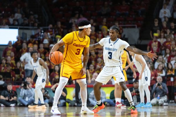 Tamin Lipsey (3) plays offense against Davontae Hall (3) towards the end of the first half of the Iowa State Cyclones vs. the Kansas City Roos game at Hilton Coliseum in Ames, Iowa on Nov. 11, 2024.